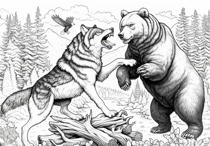 Fighting wolf and a bear in a wild scene: Free coloring page Fighting wolf and a bear in a wild scene: Free coloring page