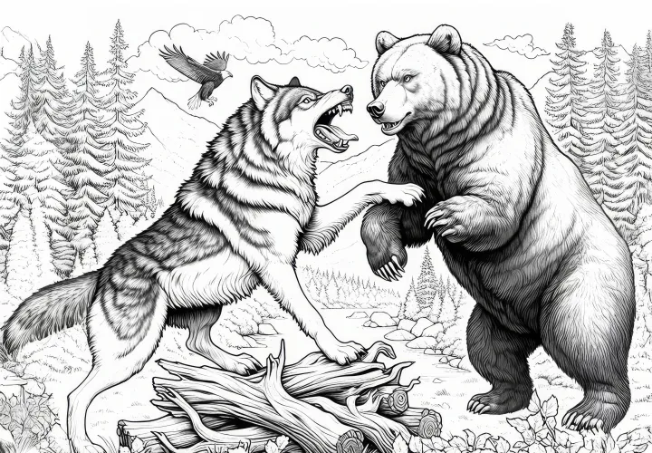 Lobo luchador y un oso en una escena salvaje: Plantilla de coloring gratuita