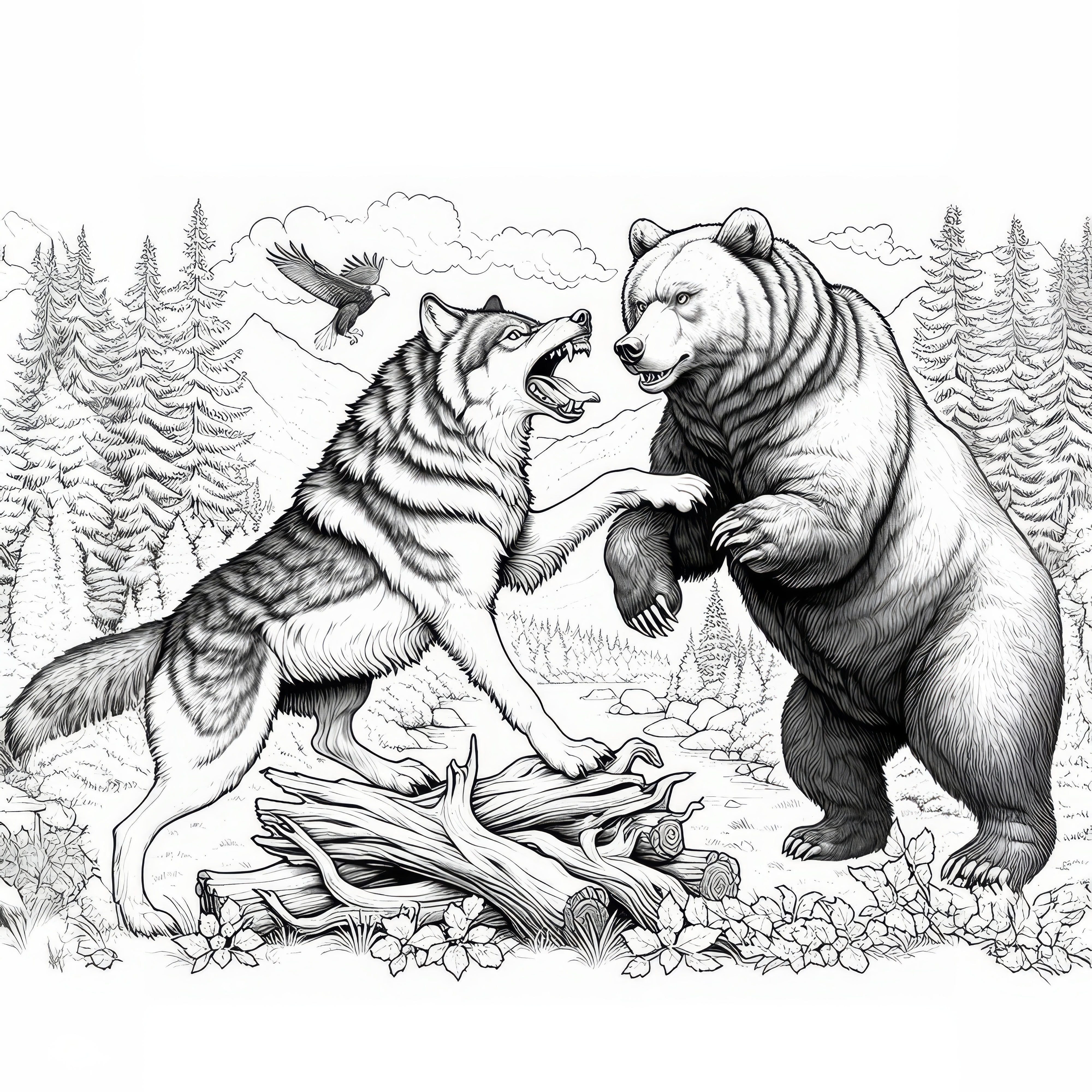 Fighting wolf and a bear in a wild scene: Free coloring template