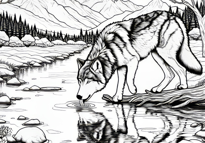 Wolf drinking water from river with reflective surface: Free coloring page Wolf drinks water from a river with a reflective surface: Free coloring page
