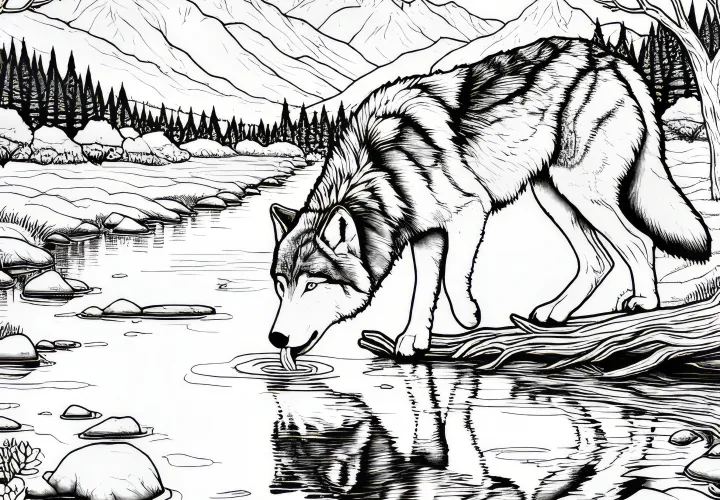 Lobo bebiendo agua de un río con superficie reflectante: Imagen para colorear gratis