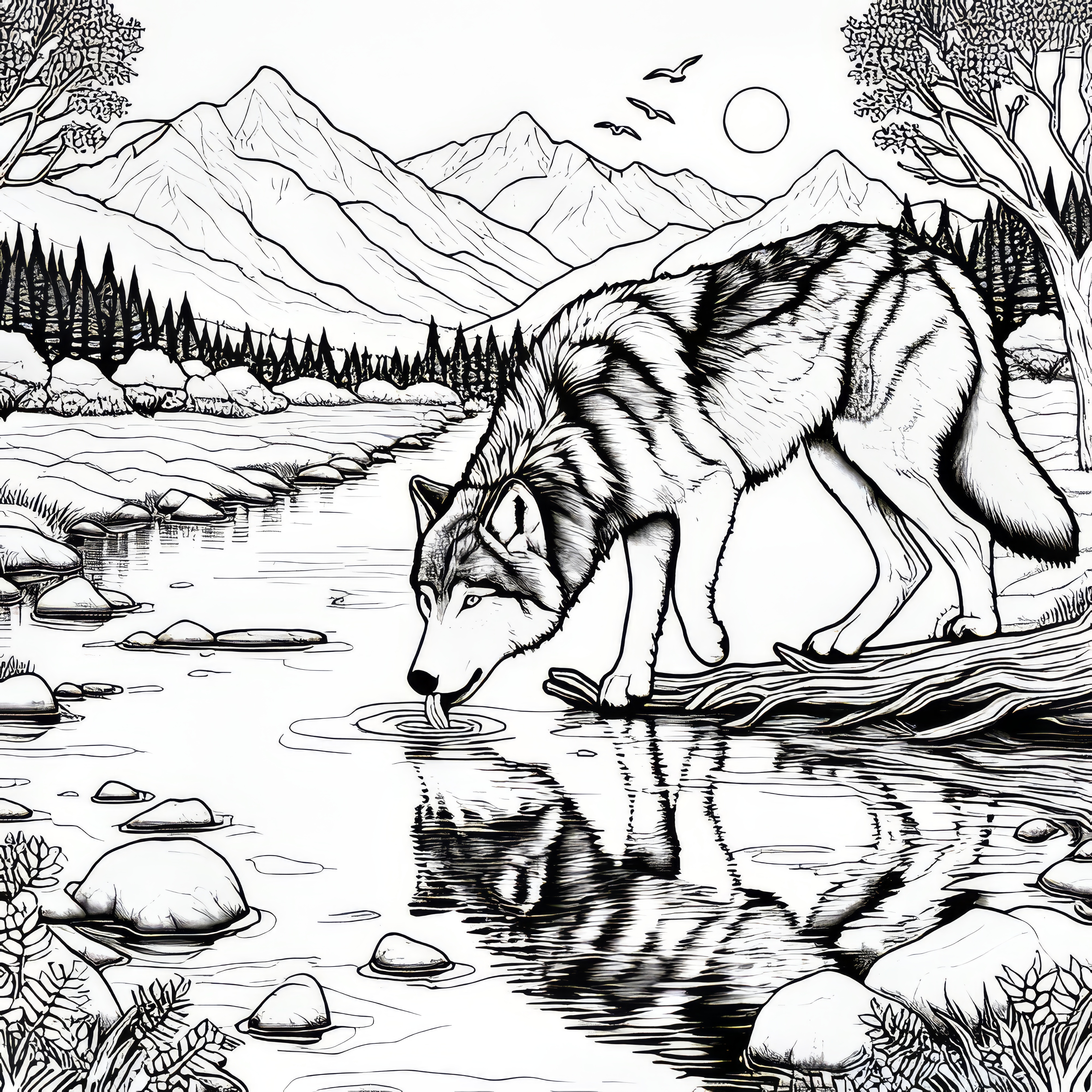 Wolf drinks water from a river with a reflective surface: Free coloring page