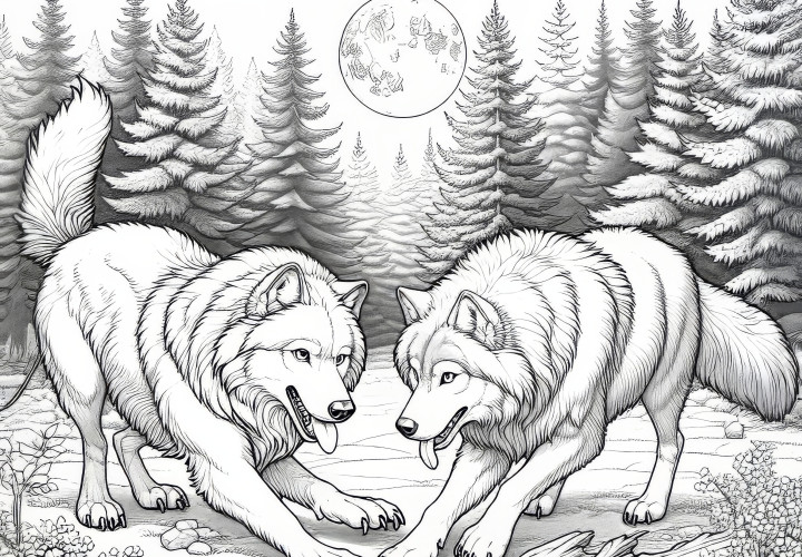 # Two wolves are playing together in a clearing in the forest – Coloring page