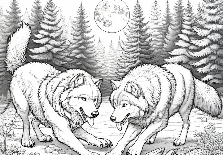 # Dos lobos juegan entre sí en un claro del bosque - Imagen para colorear