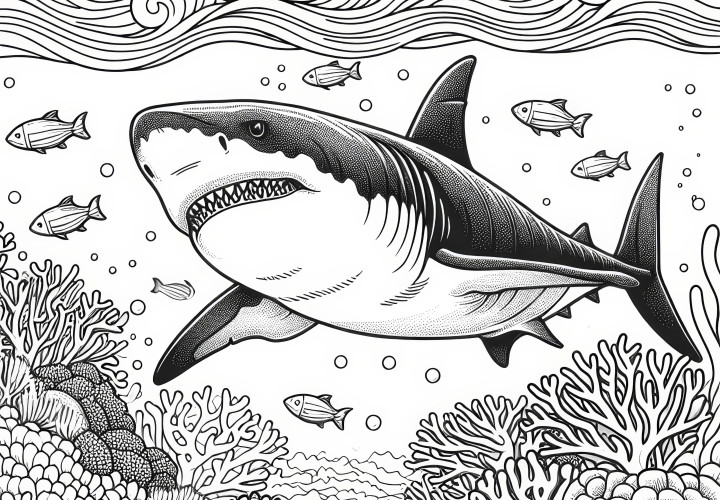 Great white shark swims in the ocean: Free coloring page Great white shark swimming in the ocean: Free coloring page