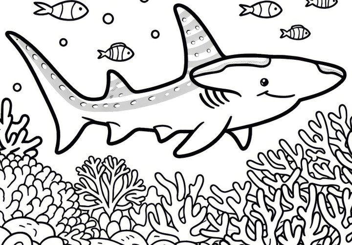 Coloring page: Shark swims between corals and fish (Free)