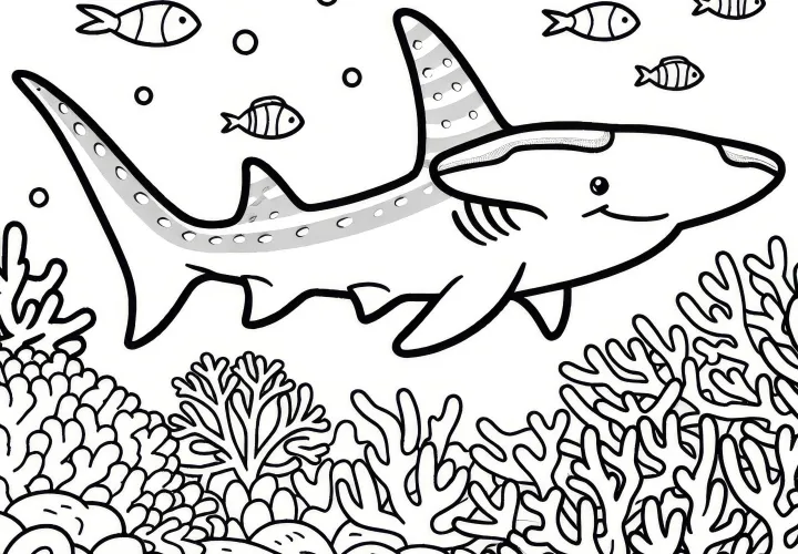 Dibujo para colorear: Tiburón nada entre corales y peces (Gratis)