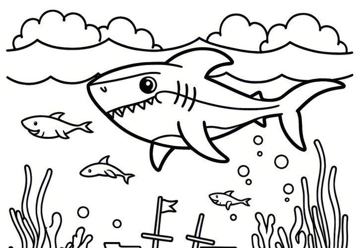Shark circles sunken pirate ship: Free coloring page