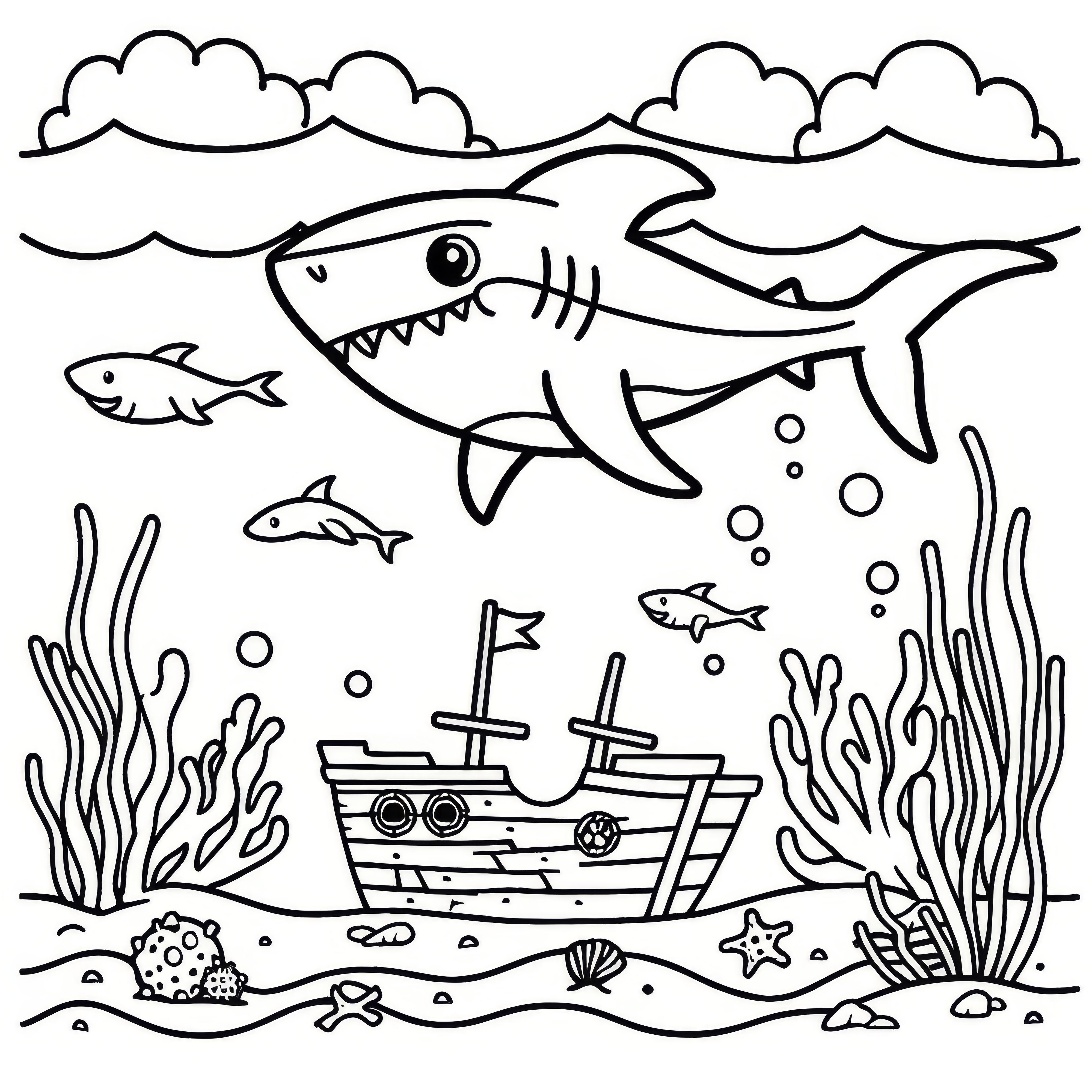 Hai circles around a sunken pirate ship: Free coloring page
