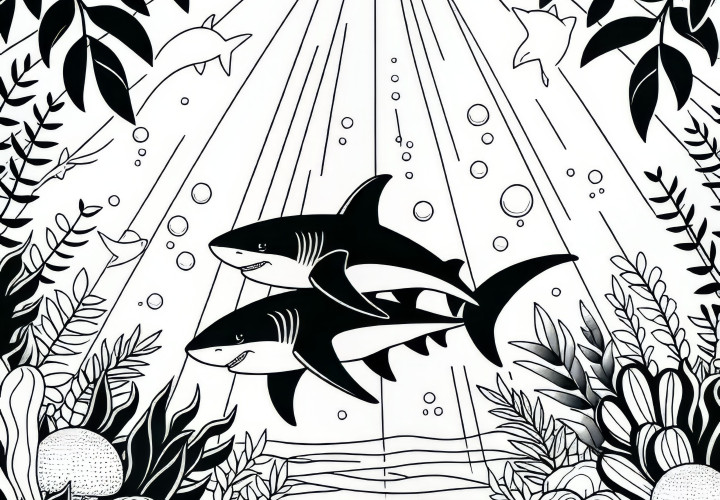 Two sharks are swimming in the tropical sea: Free coloring page Two sharks are swimming in the tropical sea: Free coloring page