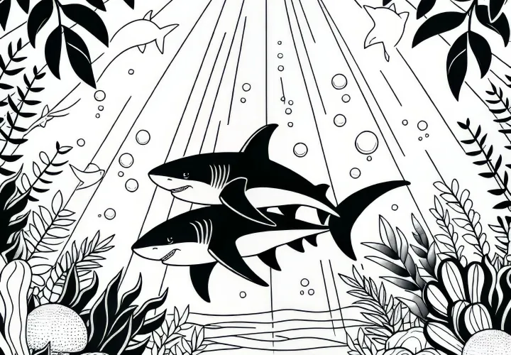 Dos tiburones nadan en el mar tropical: Plantilla de coloración gratuita