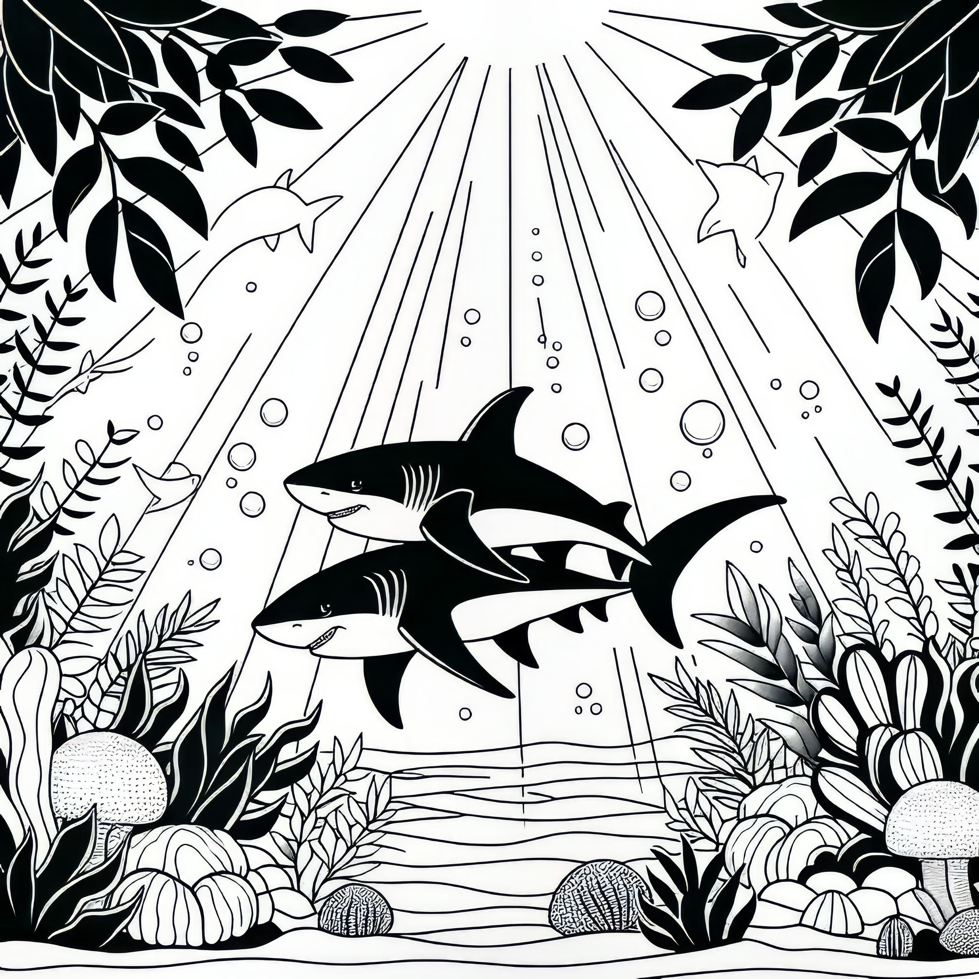 Two sharks are swimming in the tropical sea: Free coloring page