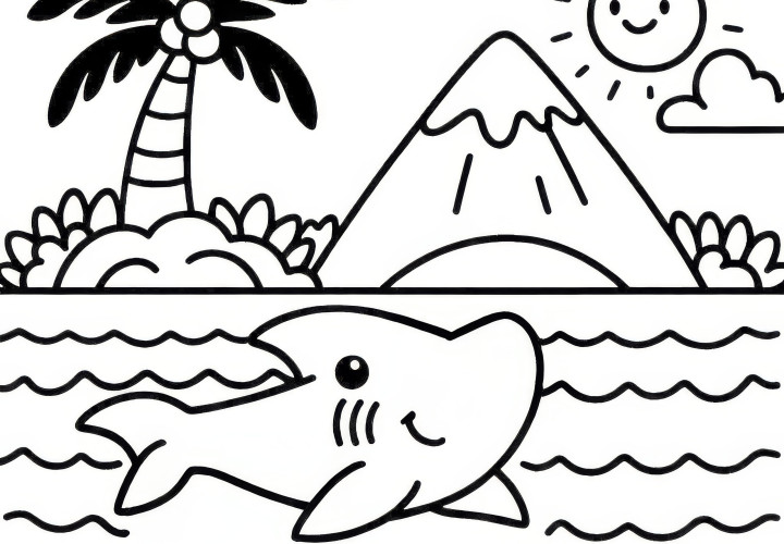Shark swimming on the water's surface in front of an island: Free coloring page Shark swimming on the water surface in front of an island: Free coloring page