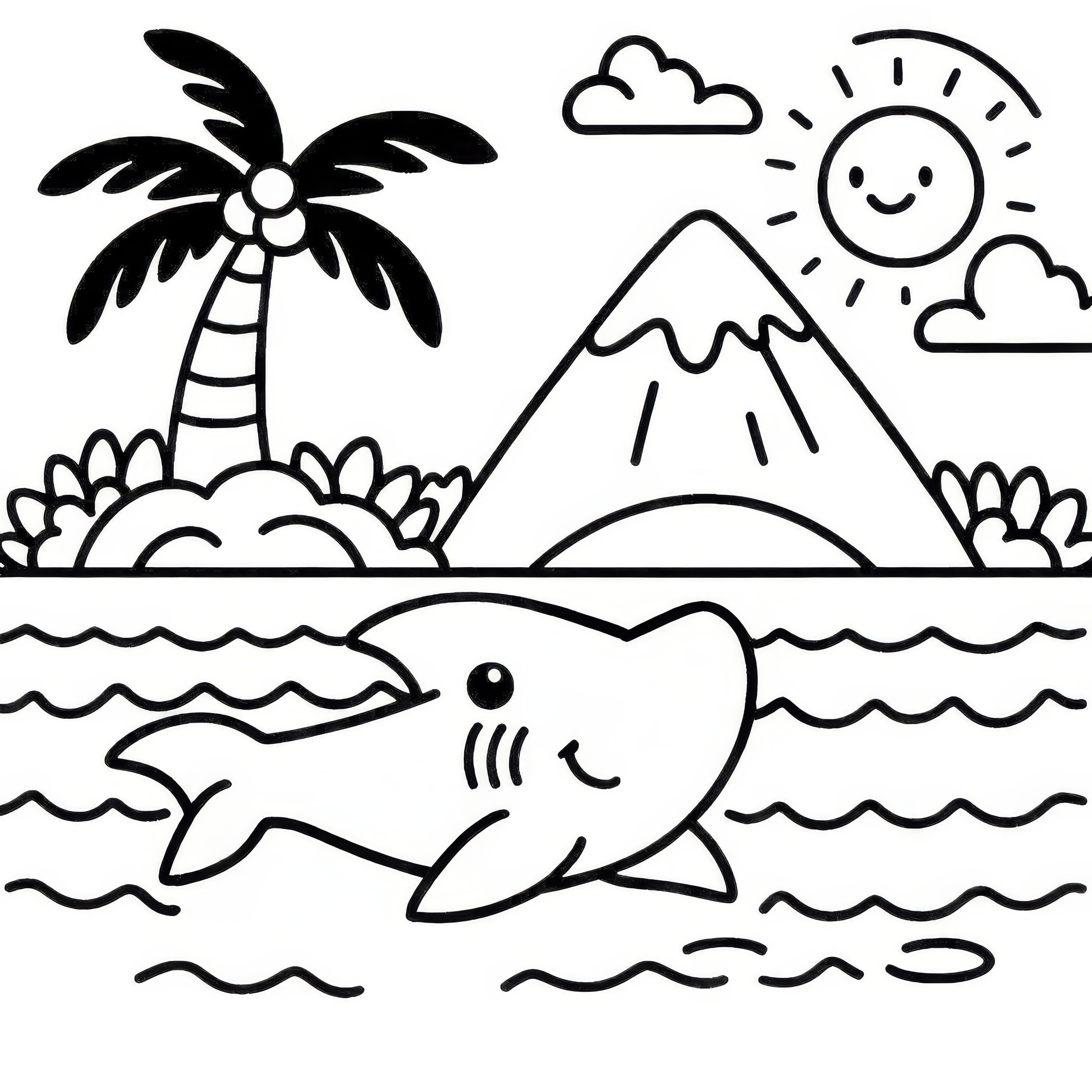 Shark swims on the water surface in front of an island: Free coloring page
