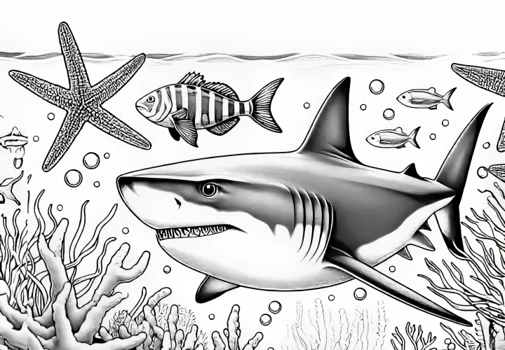 Plantilla de colorear realista con un tiburón (Gratis)