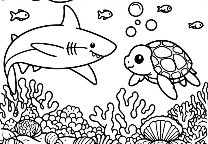 Shark and sea turtle meet: Free coloring page Shark and sea turtle meet: Free coloring page