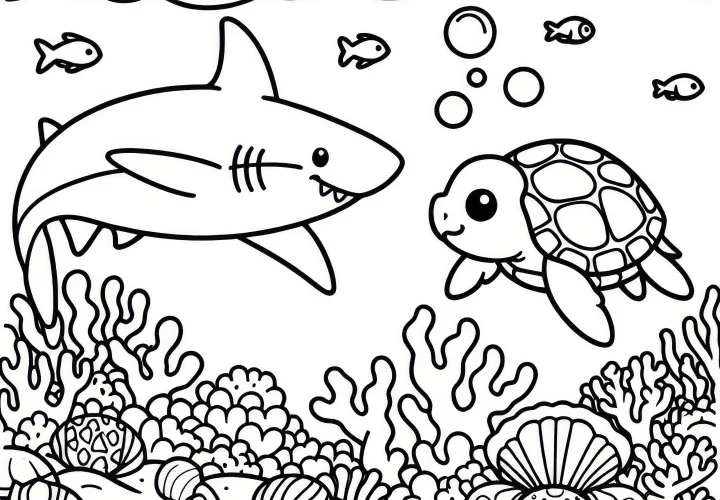 Tiburón y tortuga marina se encuentran: Imagen para colorear gratuita