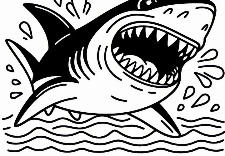 El tiburón con la boca abierta muestra sus dientes: Dibujo para colorear gratuito