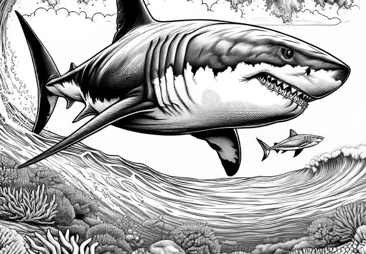 Great white shark swimming through the ocean: Detailed coloring page (Free)