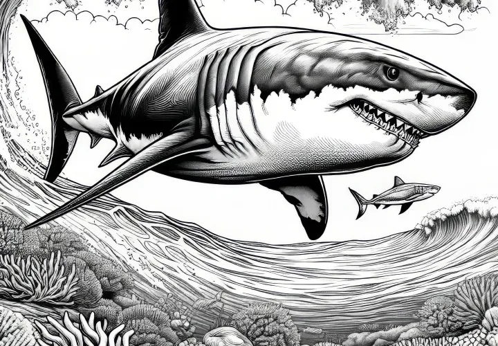 Gran tiburón blanco nada por el océano: Plantilla de colorear detallada (Gratis)
