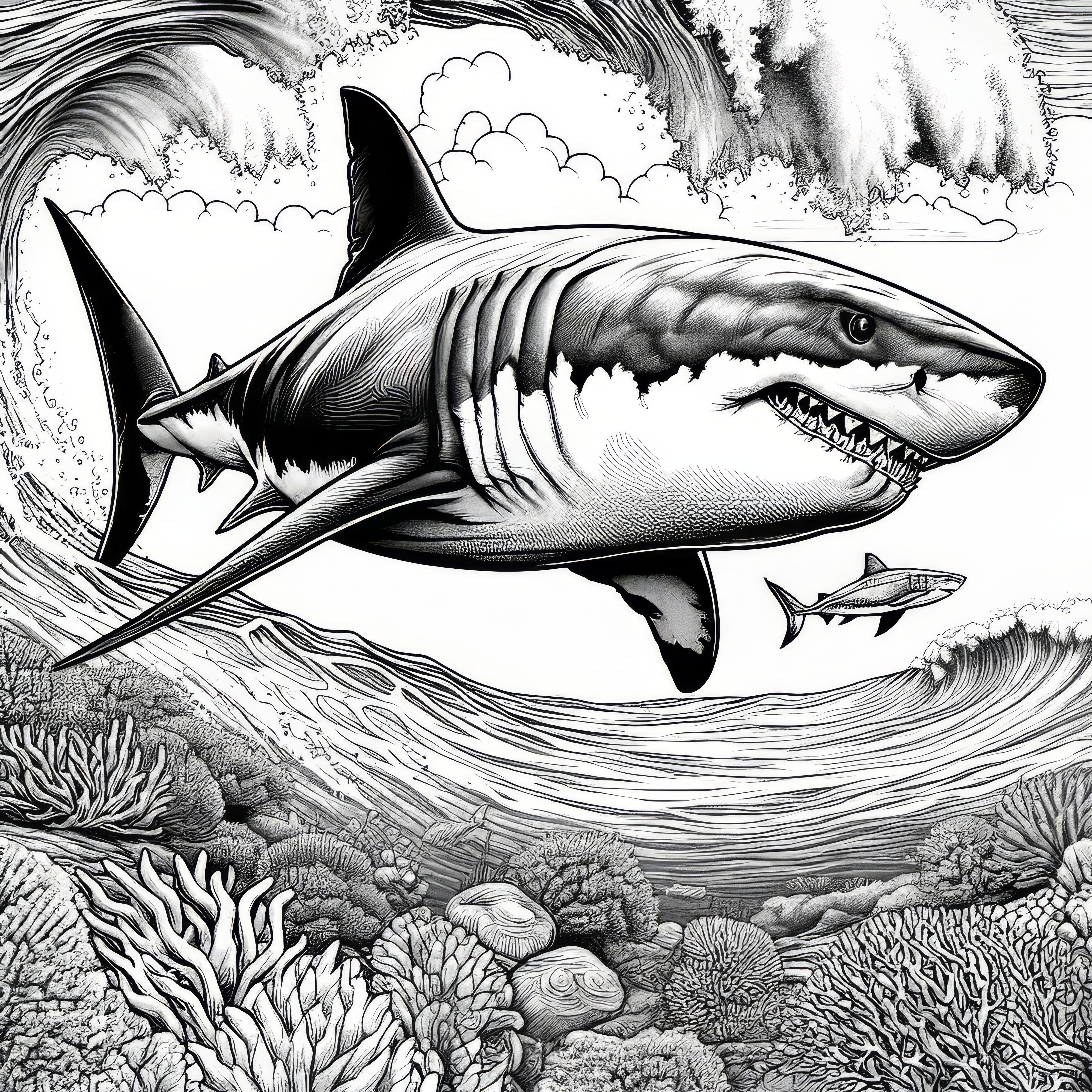 Great white shark swims through ocean: Detailed coloring page (Free)