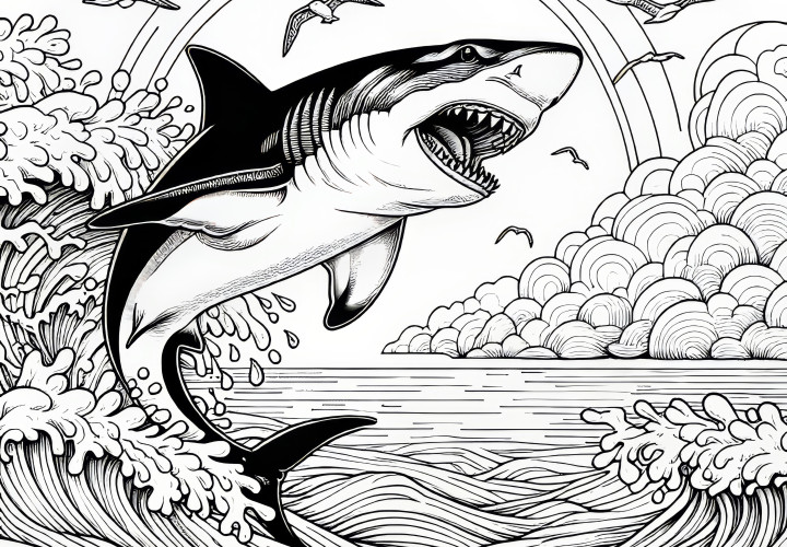Shark jumping out of water: Coloring page to download (Free)