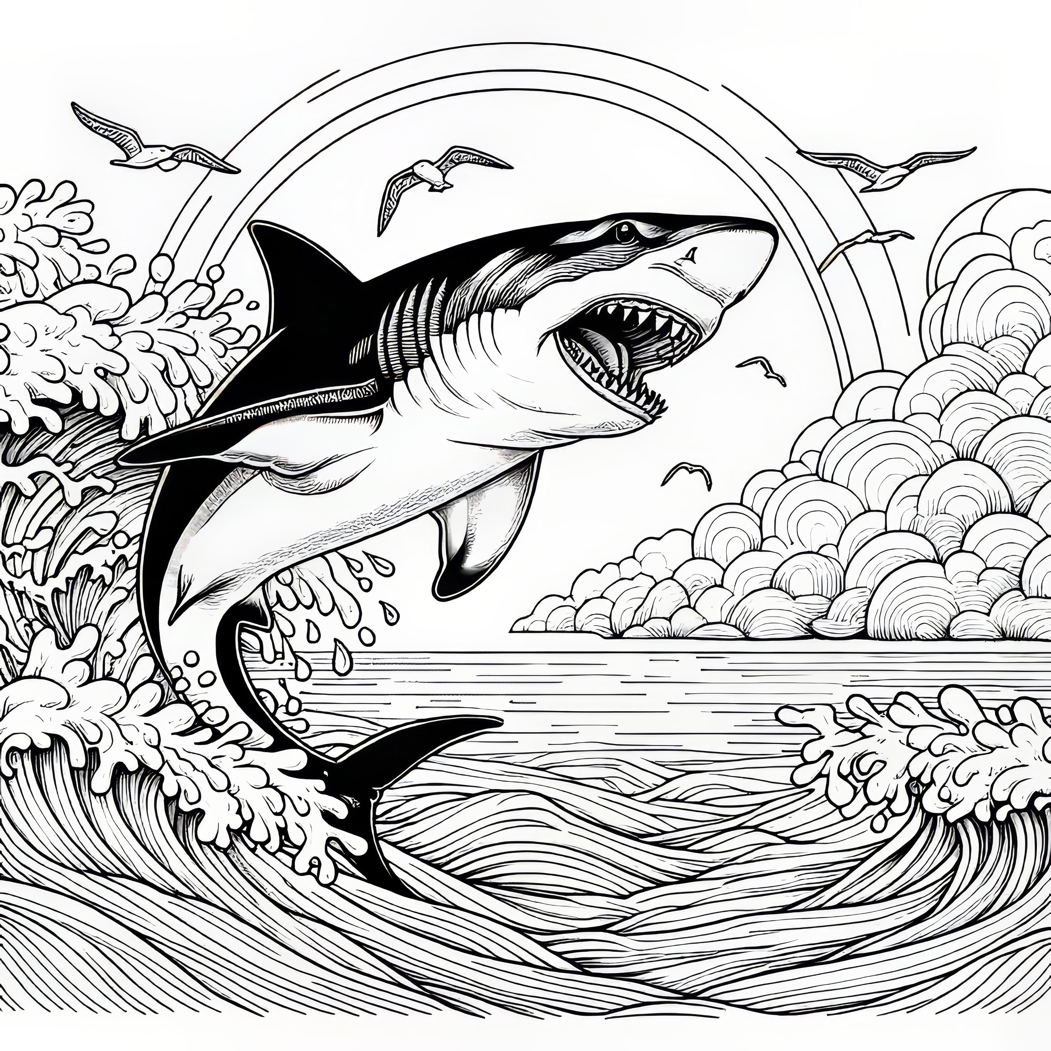 Shark jumps out of water: Coloring page to download (Free)
