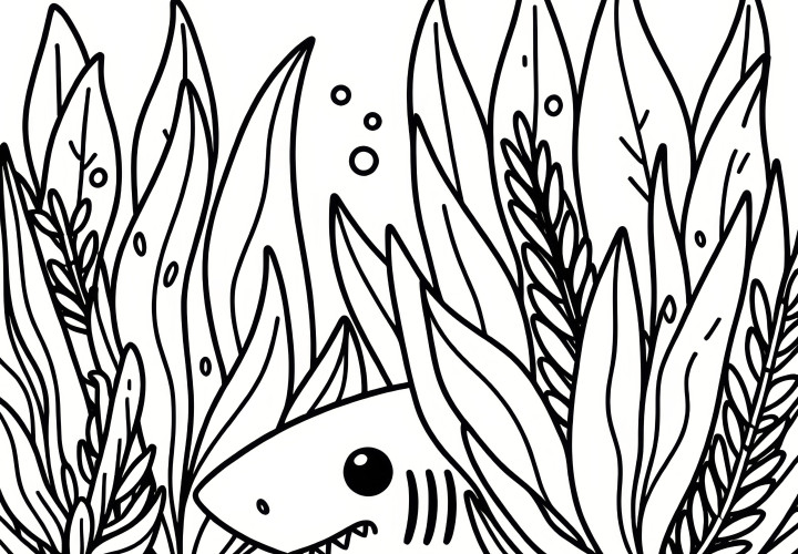 A shark hides among the seagrass and waits for prey: Free coloring page A shark hides among seagrass and waits for prey: Free coloring page