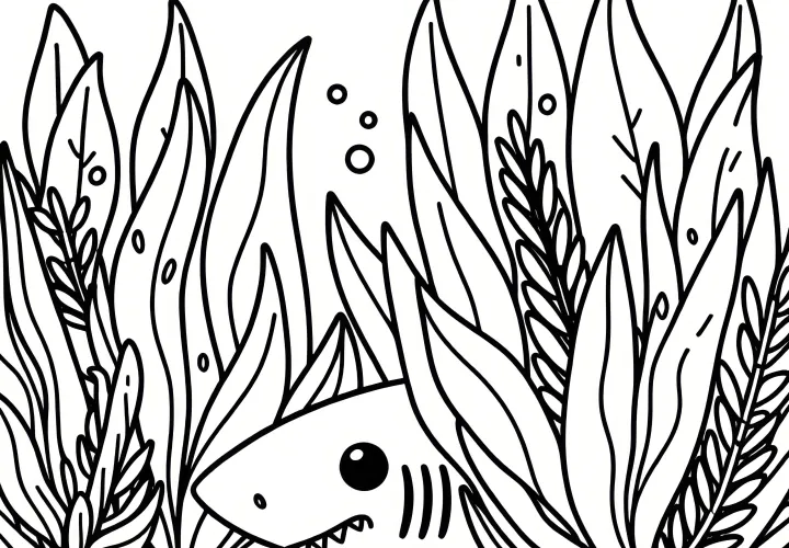 Un hai se esconde entre la hierba marina y espera a su presa: Plantilla de dibujo gratuita