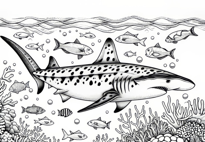 Shark swims between corals and fish: Coloring page for download (Free)