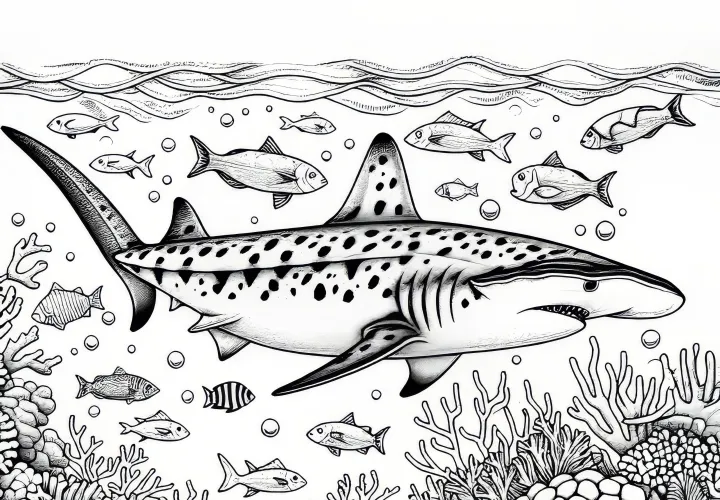 El tiburón nada entre corales y peces: Imagen para colorear para descargar (Gratis)