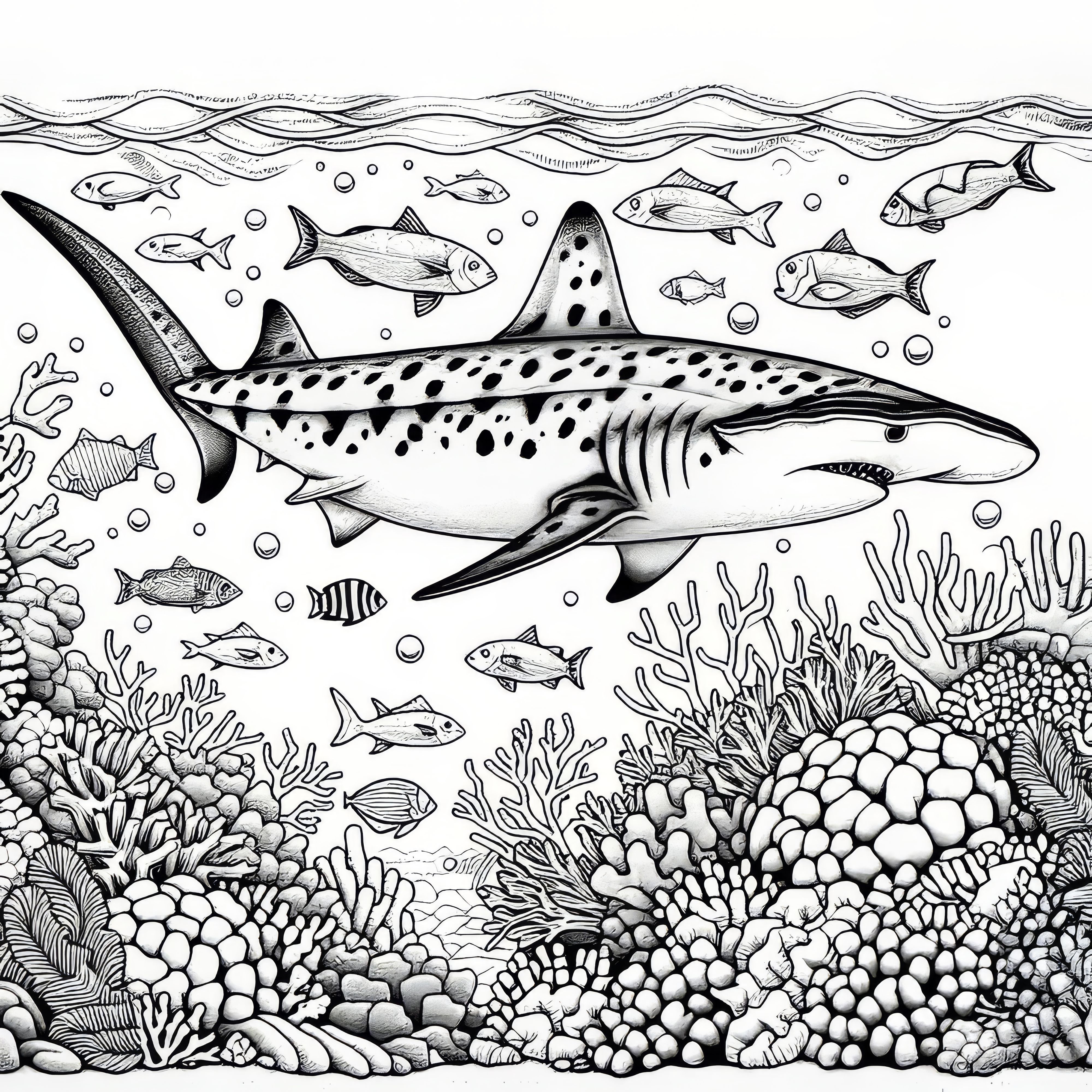 Shark swims among coral and fish: Coloring page for download (Free)