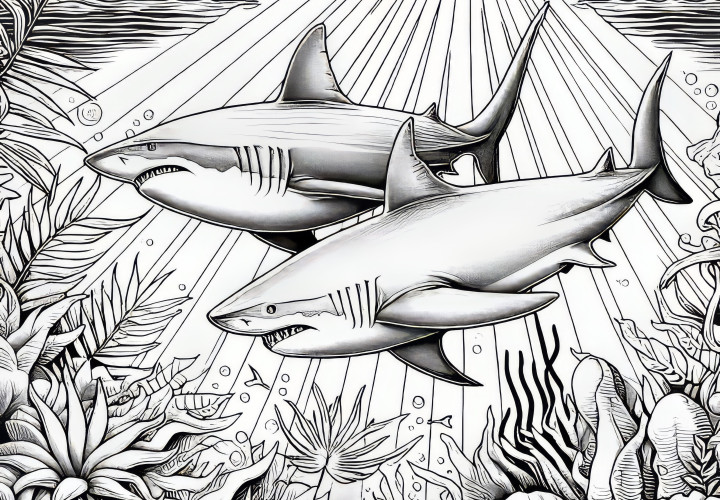Two sharks swim in the tropical sea: Realistic coloring page (Free) Two sharks swim in the tropical sea: Realistic coloring page (Free)