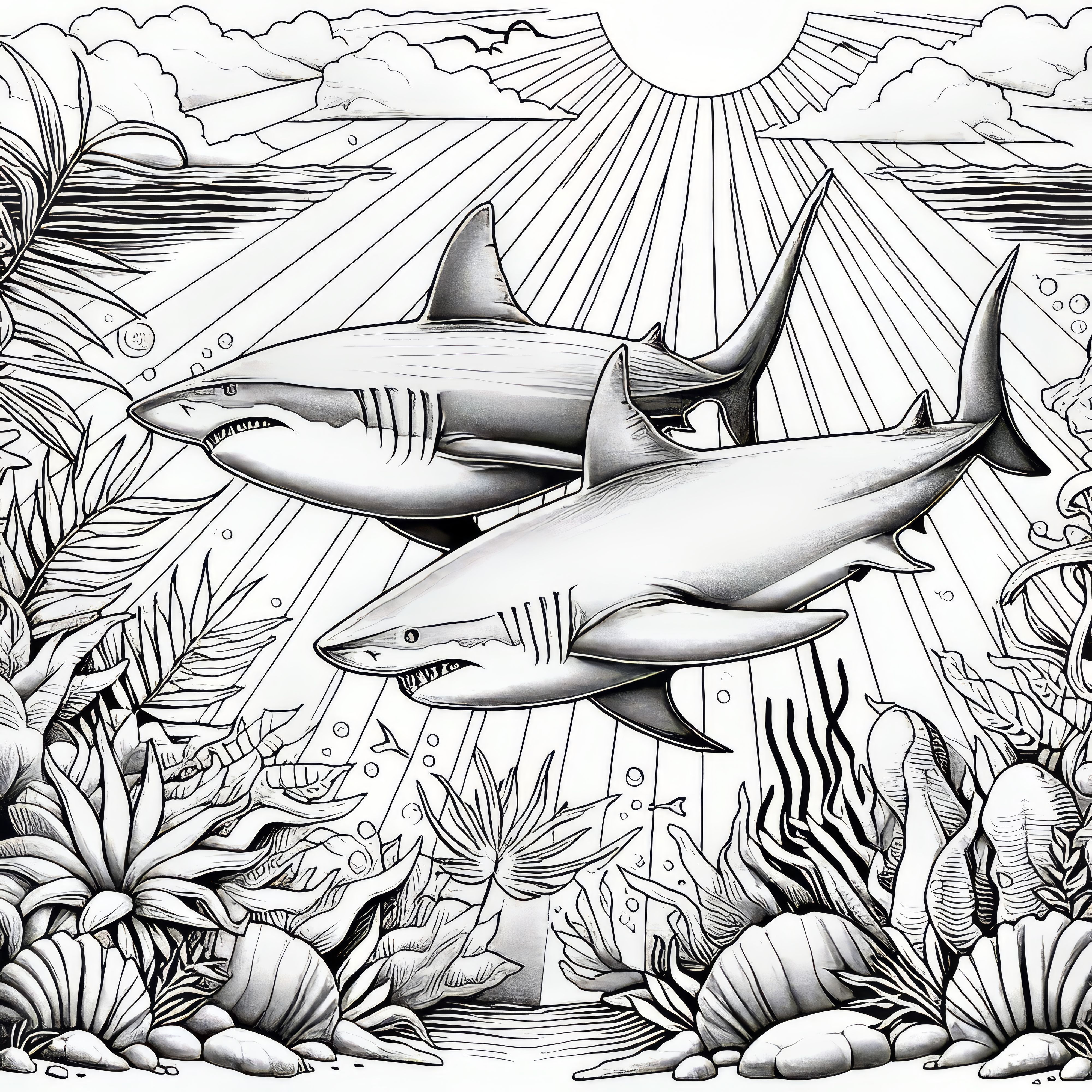 Two sharks swim in the tropical sea: Realistic coloring page (Free)