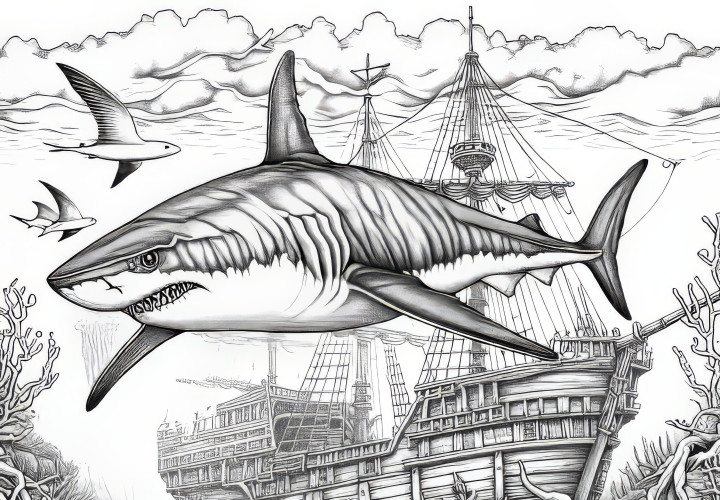 A shark circles over a sunken pirate ship as a coloring page (Free) A shark circles over a sunken pirate ship as a coloring page (Free)