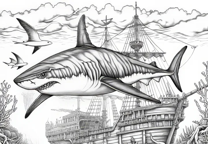 Un tiburón gira sobre un barco pirata hundido como dibujo para colorear (Gratis)