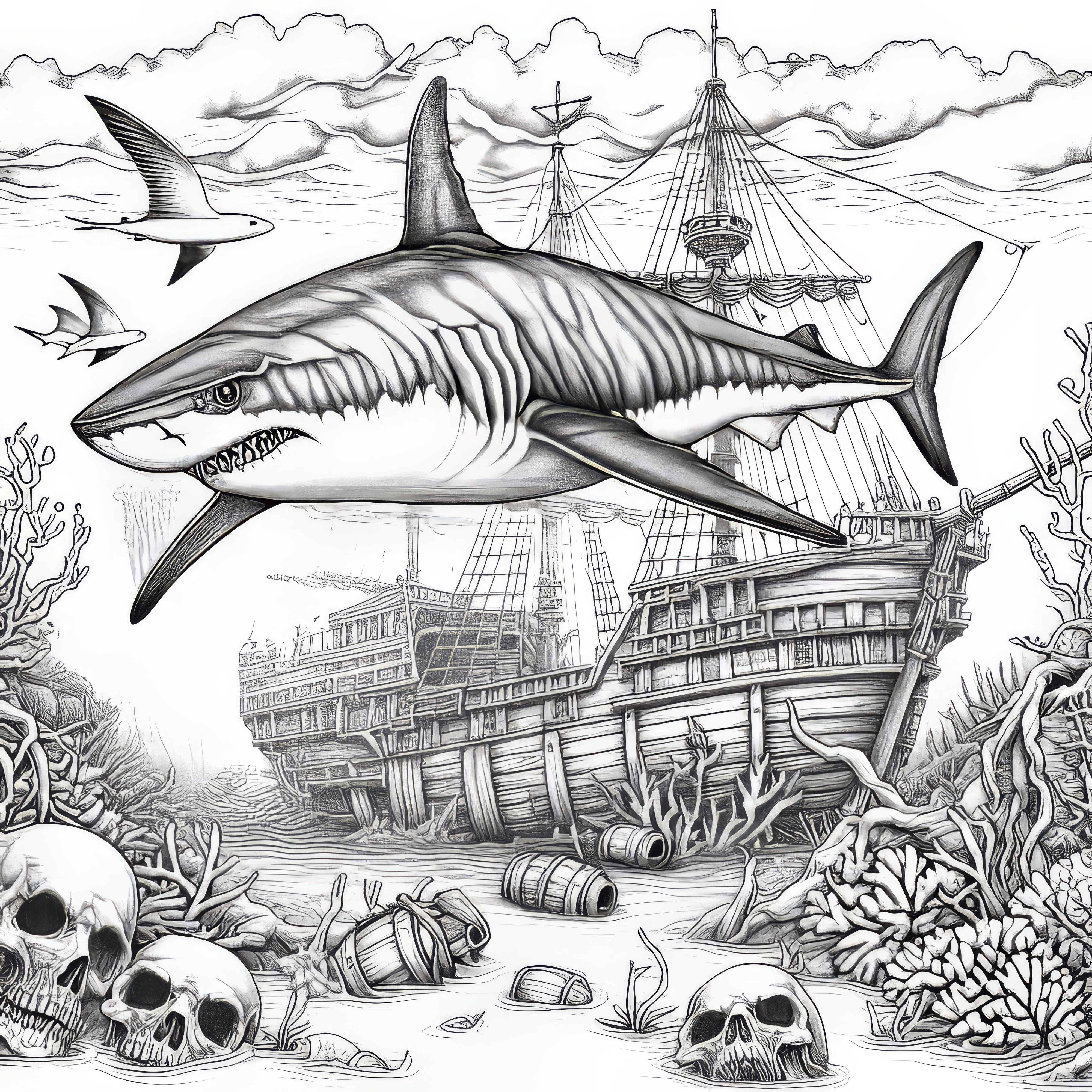 A shark circles over a sunken pirate ship as a coloring page (Free)