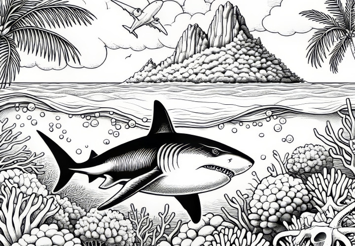 Shark swimming on the water surface in front of the island: Coloring page to download (Free) Shark swimming on the water surface in front of the island: Coloring page to download (Free)