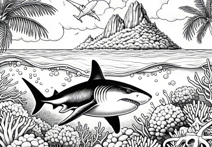 El tiburón nada en la superficie del agua frente a la isla: Imagen para colorear para descargar (Gratis)
