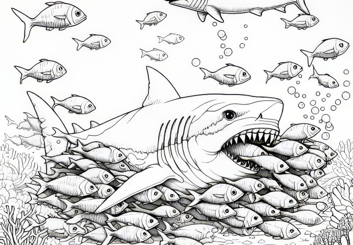 Shark hunts a school of small fish: Detailed coloring page (Free)