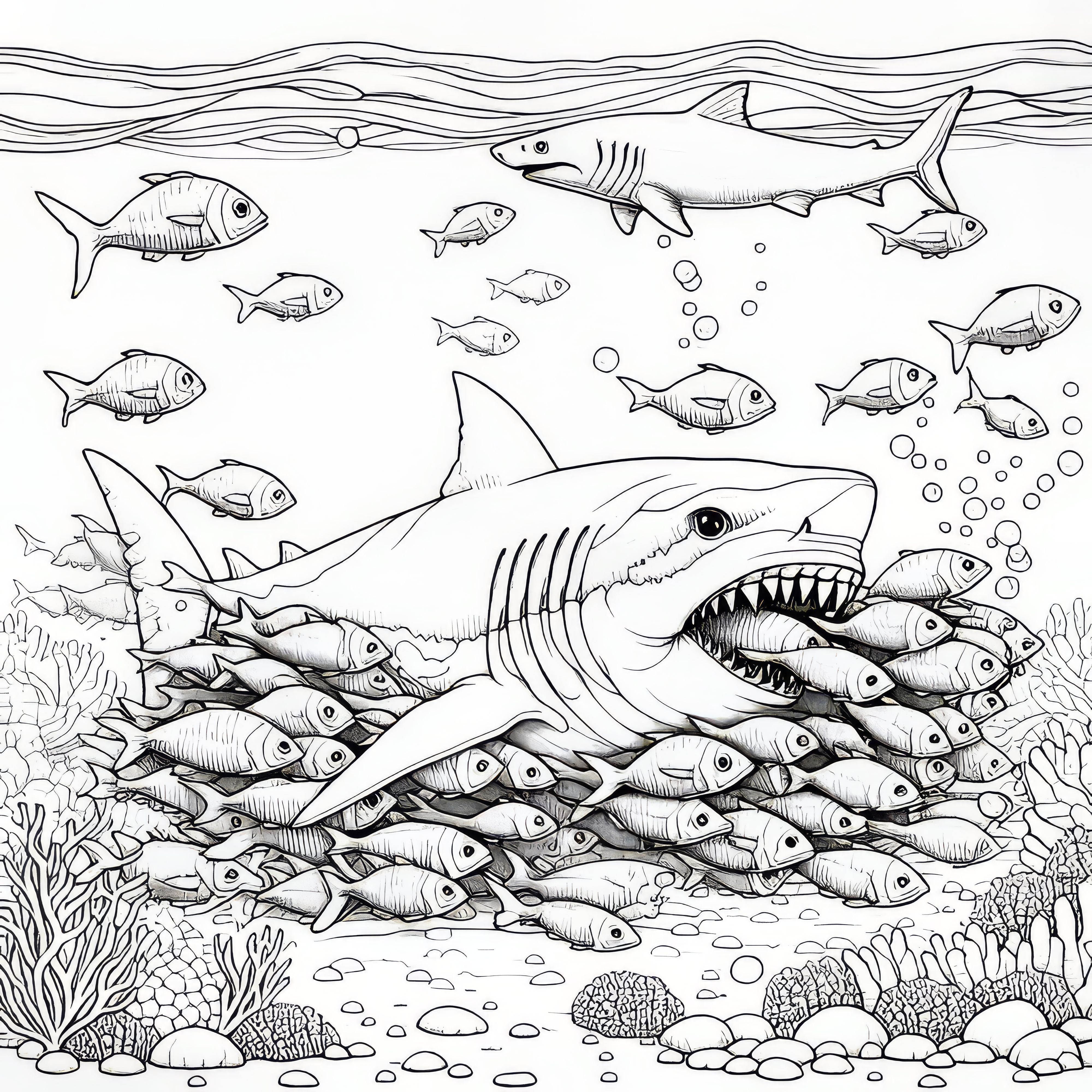 Shark hunting a school of small fish: Detailed coloring page (Free)