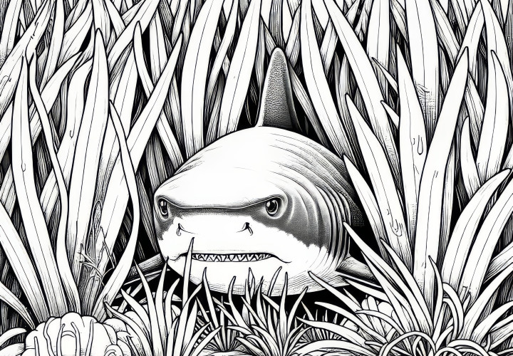 A shark hides among the seaweed and waits for prey: Free coloring page A shark hides among the seagrass and waits for prey: Free coloring page