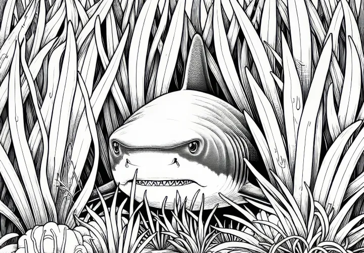 Un pez se esconde entre las algas marinas y espera su presa: Imagen para colorear gratuita