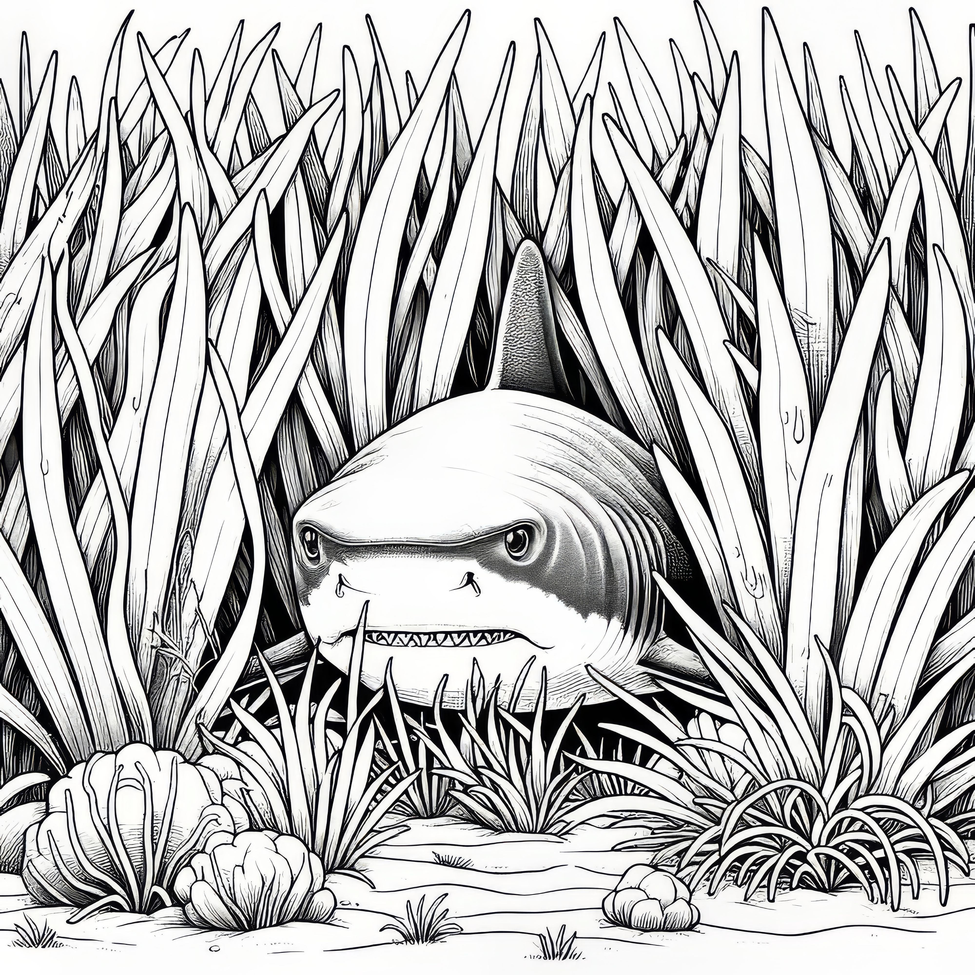A shark hides among the seagrass, waiting for prey: Free coloring page
