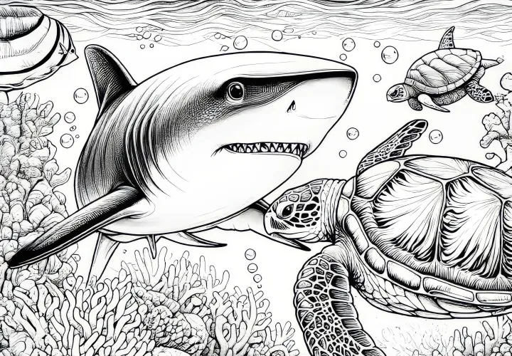 Encuentro con tortuga marina: Imagen para colorear para niños (Gratis)