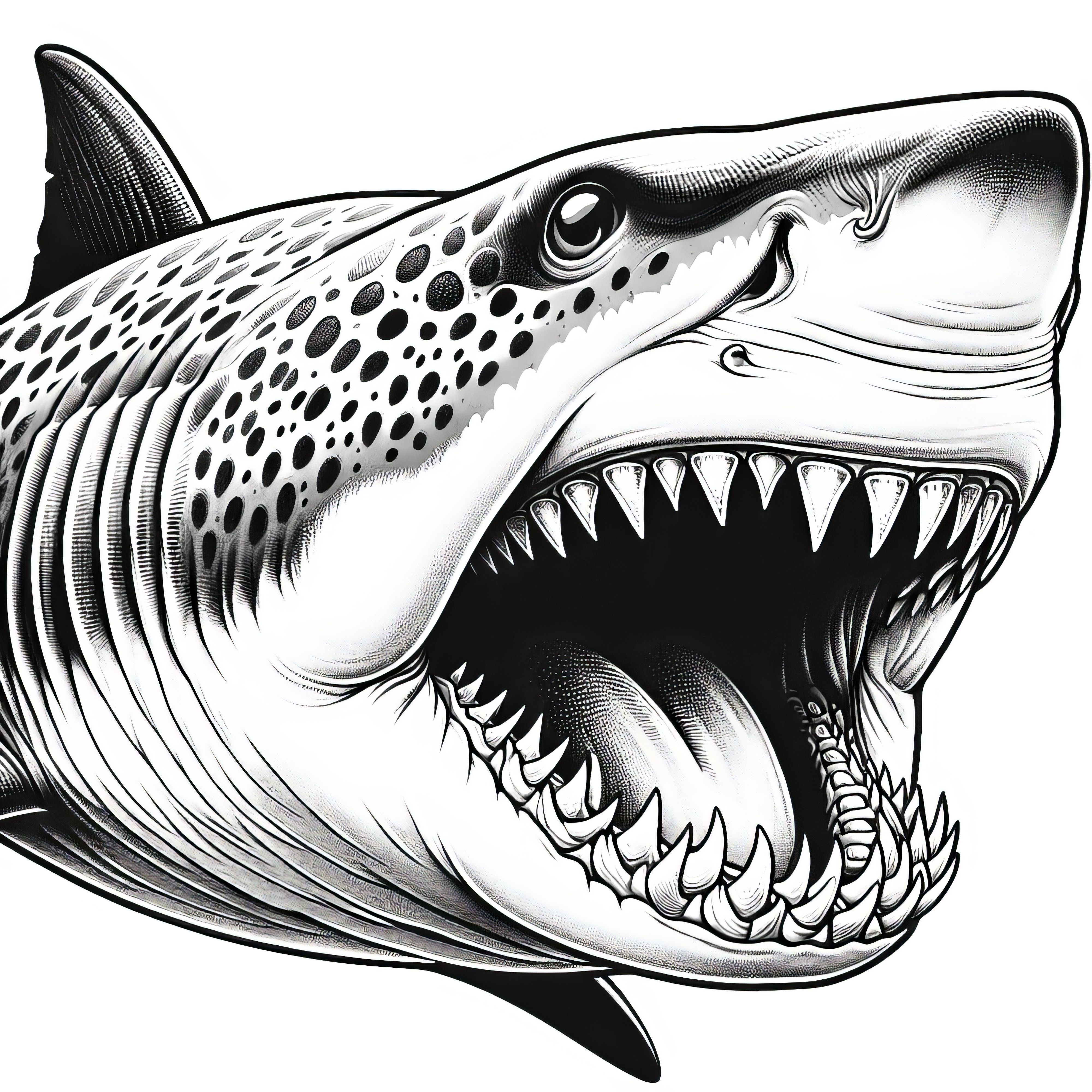 Shark with open mouth shows teeth: Coloring page in high quality (Free)