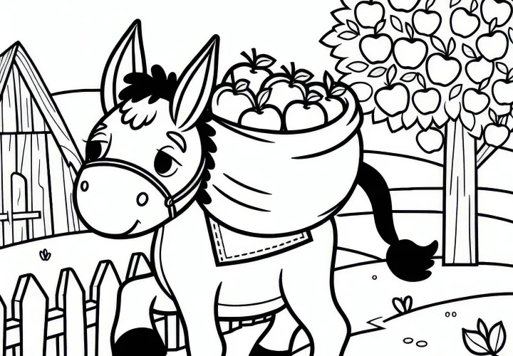 Burro lleva un saco lleno de manzanas en la espalda: Plantilla de colorear gratuita