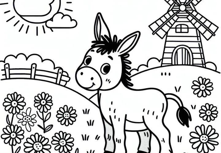 Burro en pradera de flores con pequeño molino: Plantilla de coloración gratuita