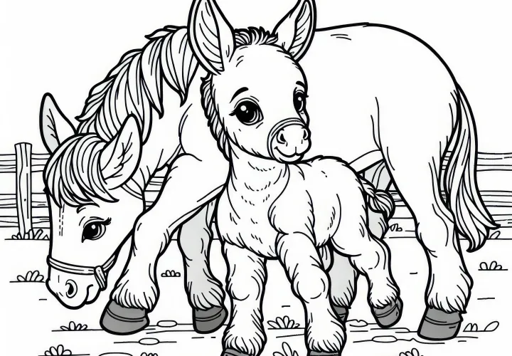 Pequeño potrillo de burro juega con su madre en el prado: Plantilla para colorear para descargar (Gratis)