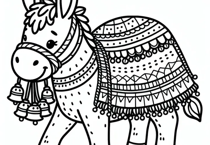Burro lleva manta con cascabeles: Imagen para colorear gratuita